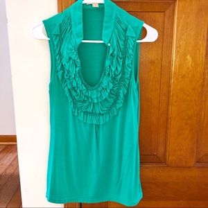 Ruffled front button sea foam blue green blue top